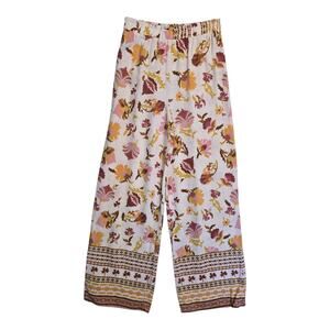 GLG Pull On Wide Leg Pants Womens Small Linen Blend Floral Print Lightweight